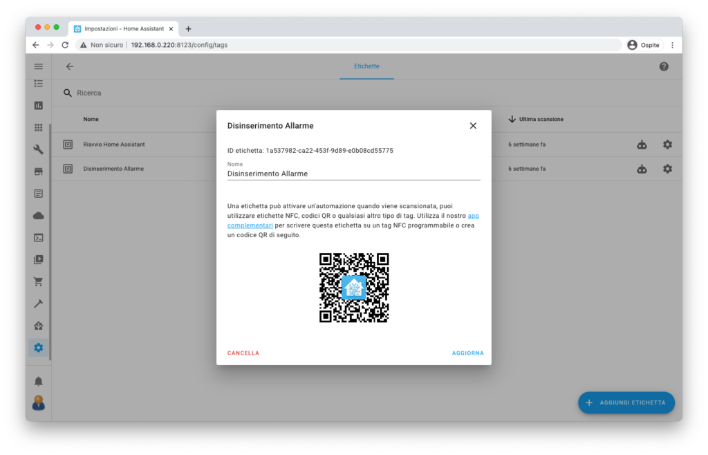 Home Assistant Gestione NFC – Etichette E QR