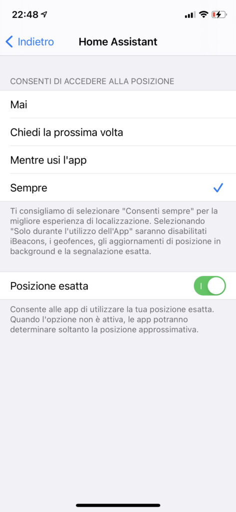 Home Assistant Presenza - App Permessi iOS